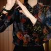 Spring Ladies Vintage Floral Velvet Top Shiny Rhinestone Long Sleeve Stand Collar Party Blouse