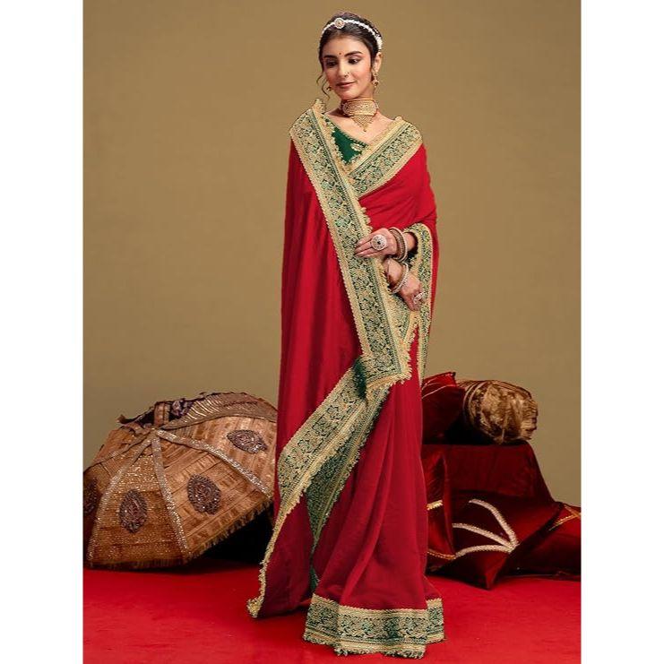 Royal Red Vichitra Silk Saree with Beautiful Sequins Embroidery & Designer Green Blouse