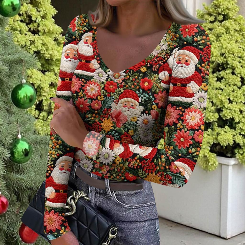 Women's Winter Slim-Fit Base Layer T-Shirt Fashionable Christmas Print V-Neck Pullover Long-Sleeved Top