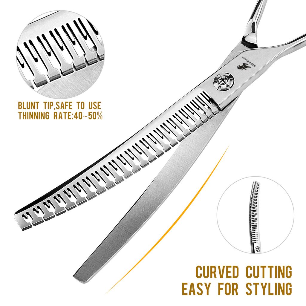 7.0 Inch Curved Natural Cutting Pet Tooth Scissors Curved Scissors Pet Trimming Scissors Thin Scissors, Left-hand Curved Teeth, for Left-handed People
