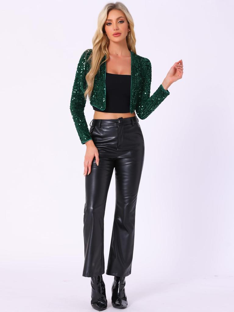 Allegra K Women's Sequined Cropped Bolero Cardigan with Open Front, Dark Green, Size M