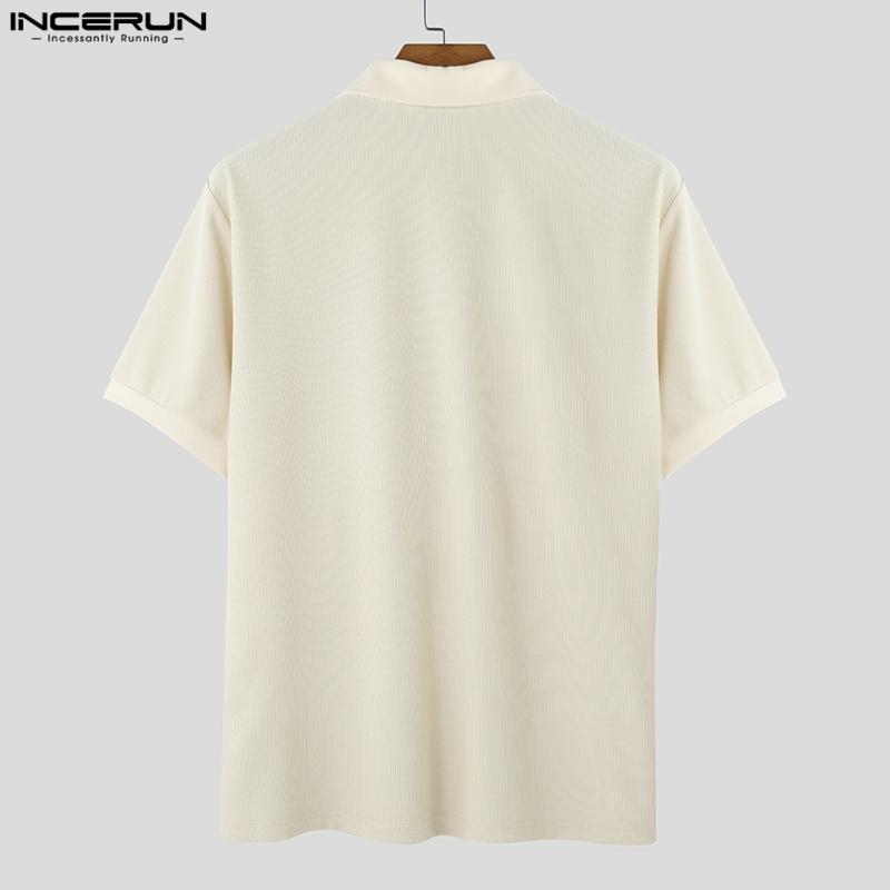 INCERUN Letnie Męskie Koszulki Polo z Zamkiem i Teksturą, Krótki Rękaw, Casualowe Top