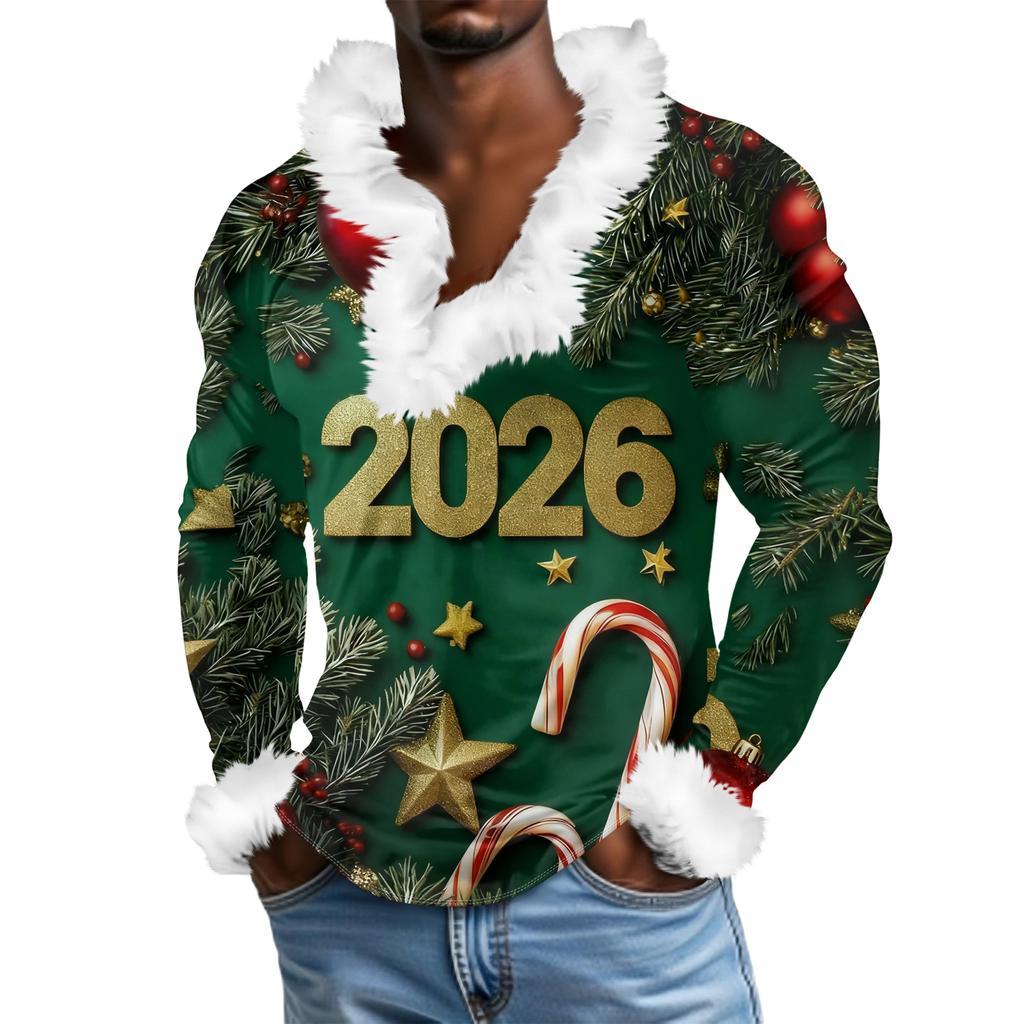 Herren Lässiges Weihnachten Bedrucktes Plüsch V-Ausschnitt und Fleece Langarm-Sweatshirt