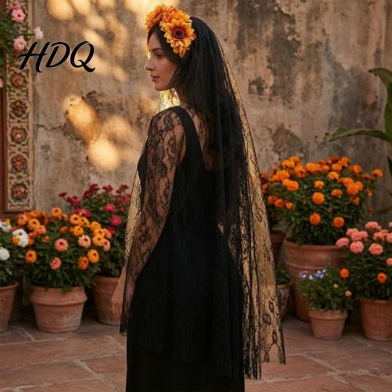 Integrated Headband Gothic Style Hair Hoop Hollow See-Through Lace with Simulated Flowers