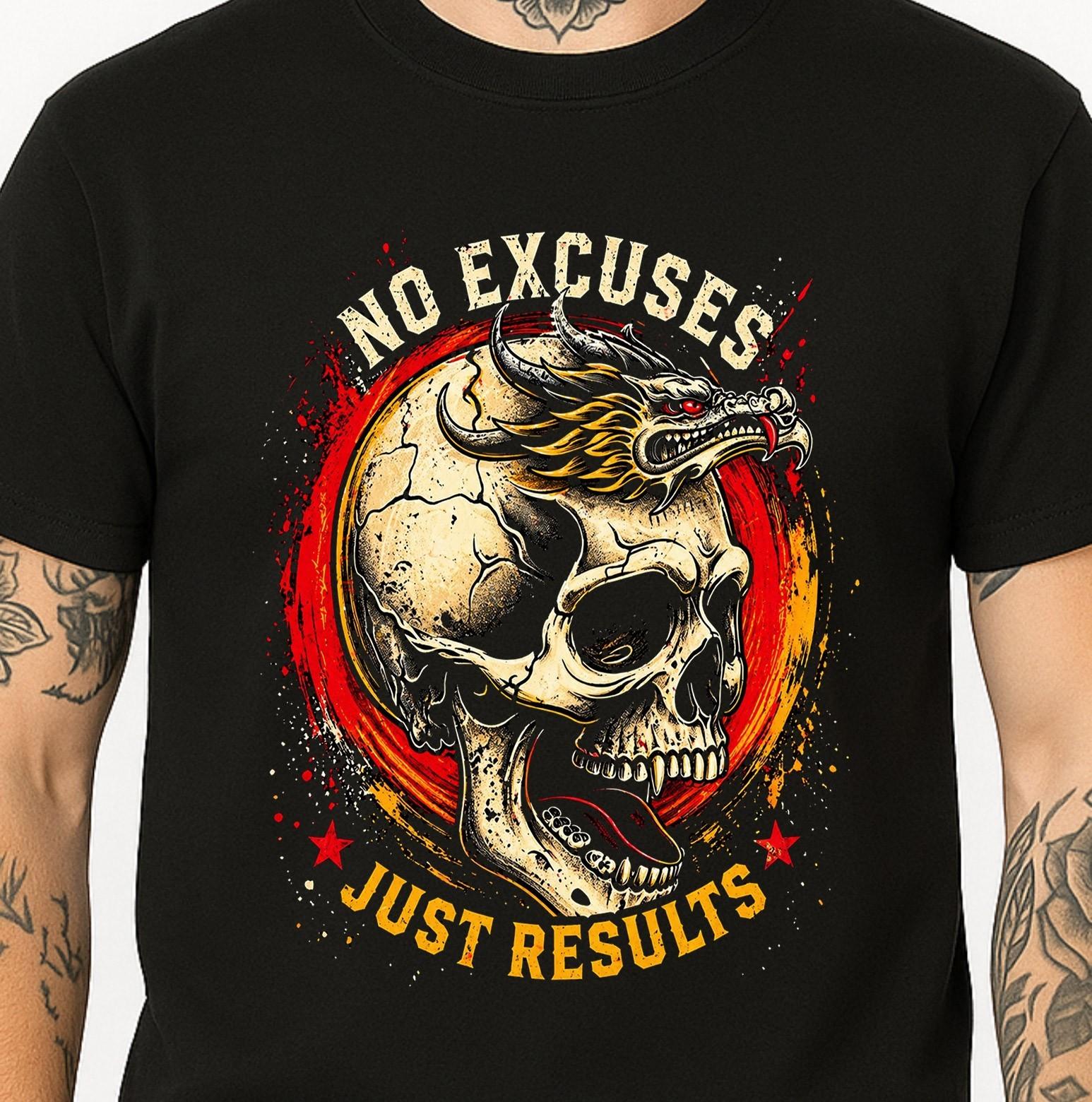 Skull Dragon T-Shirt No Excuses Just Results Japanese Gothic Dark Art Tee. XXXL