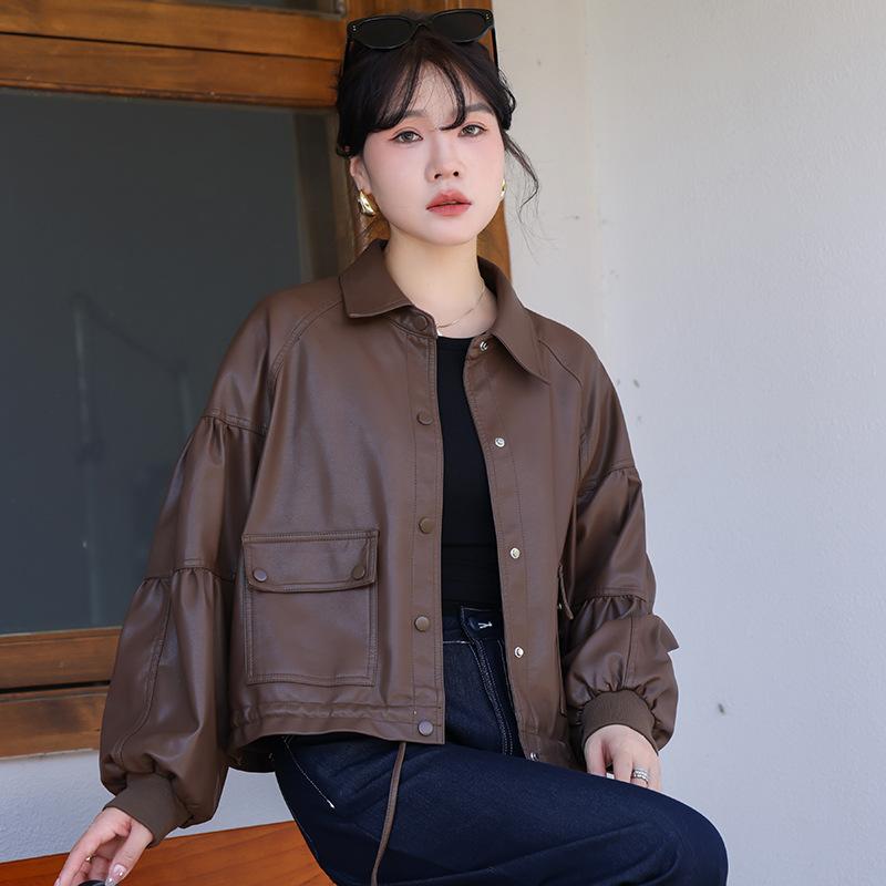 

Повседневная свободная куртка из искусственной кожи для мотоцикла с большим карманом, воротником-поло, универсальная осенняя новая кожаная куртка для женщин XL