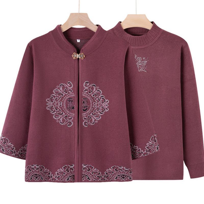 Middle-aged Knitted Sweater Festive Two-piece Set Women's Spring and Autumn Cardigan Mother Outfit Mother-in-law Sweater Grandma Shawl Jacket