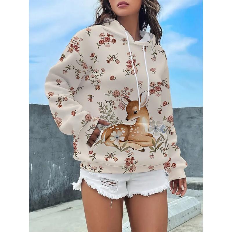 Womens Floral Print Hooded Sweatshirt Soft Comfortable Casual Pullover Daily Wear