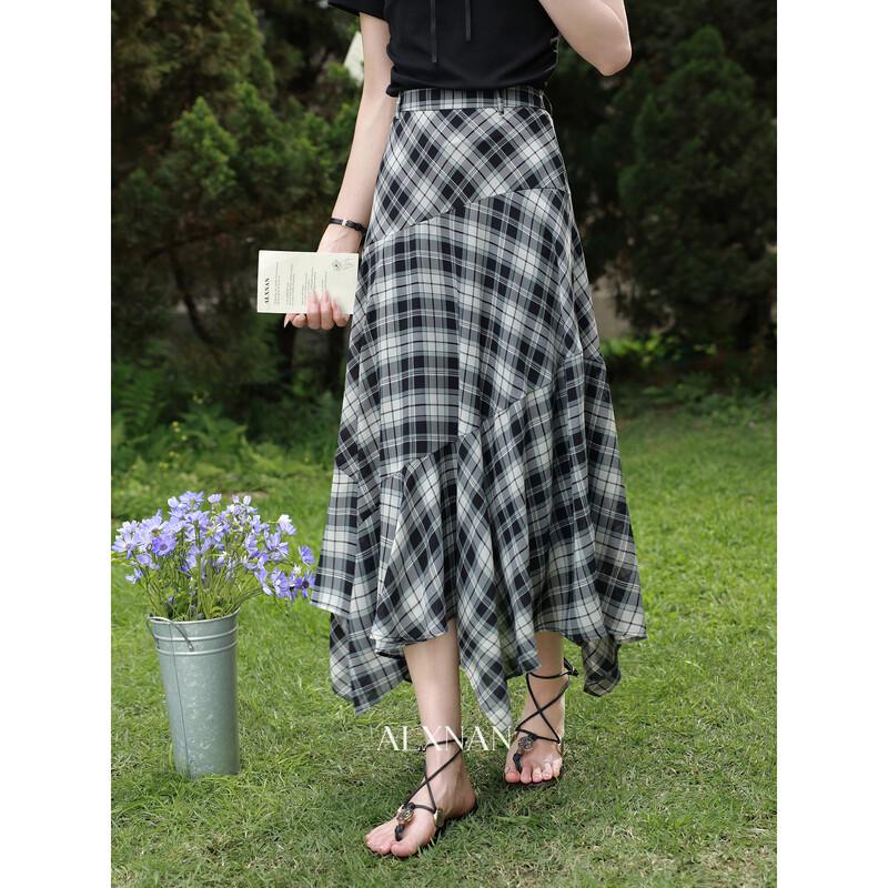 Women s Retro Plaid Irregular High-Waist Midi Skirt M