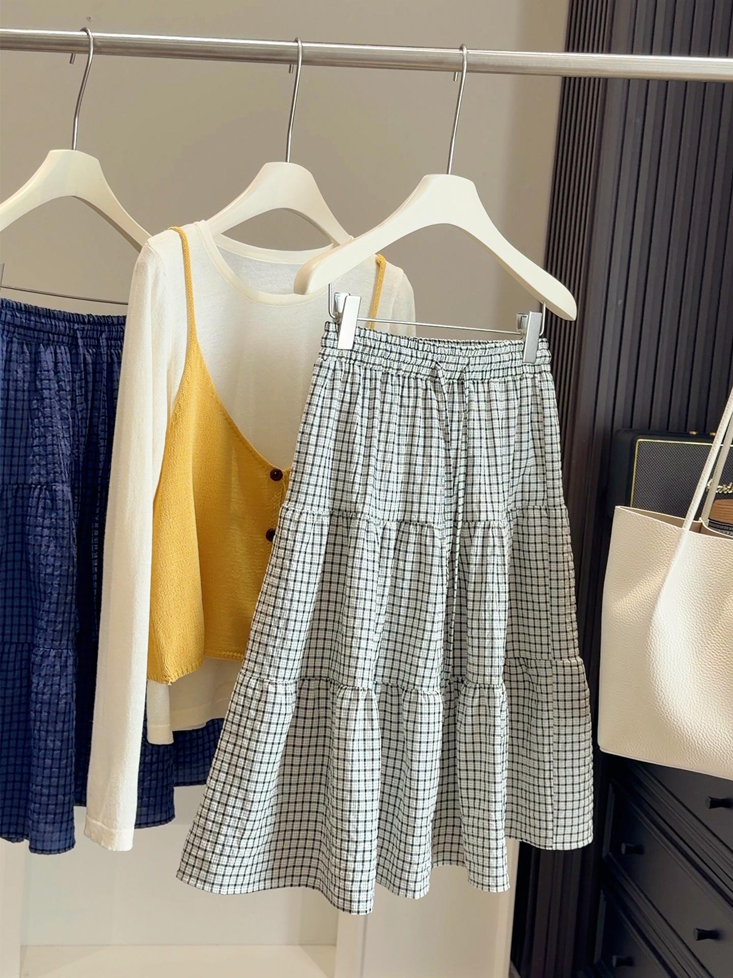 

Women s Spring-Summer Plaid Lace-Up A-Line Skirt - Elastic High Waist, Slimming Fit One Size белый