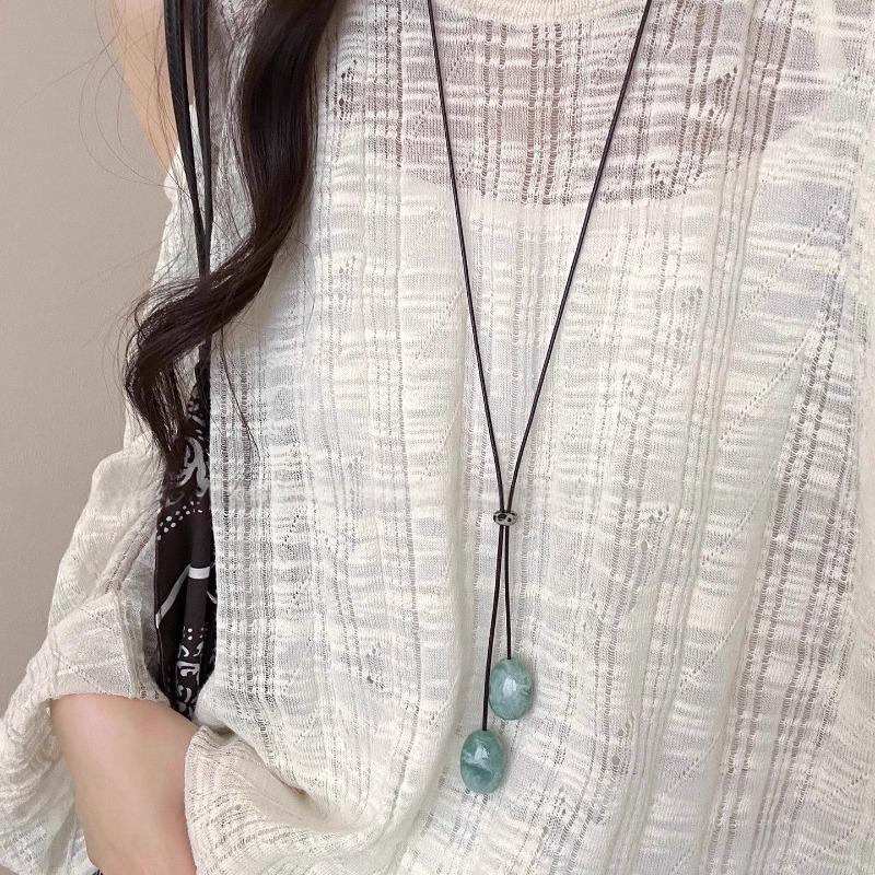 Summer Green Smudge Pendant Long Necklace Rope Women's Retro Decorative Sweater Chain Niche Neck Necklace
