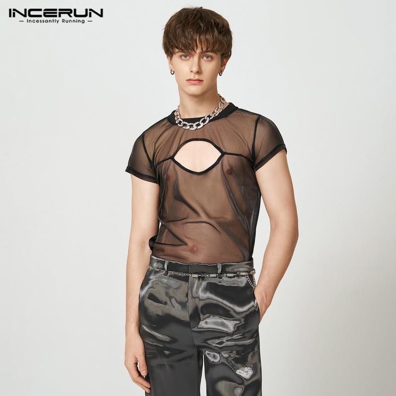 

INCERUN Летние мужские сетчатые футболки с вырезами, прозрачными тонкими