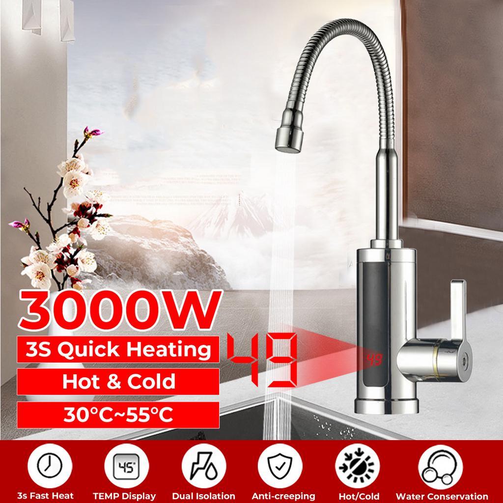 Electric Instant Heater Faucet Tap 360Rotation LED Digital Display Hot Water Kitchen Faucet Tankless Hot Cold Mixer Tap 3000W