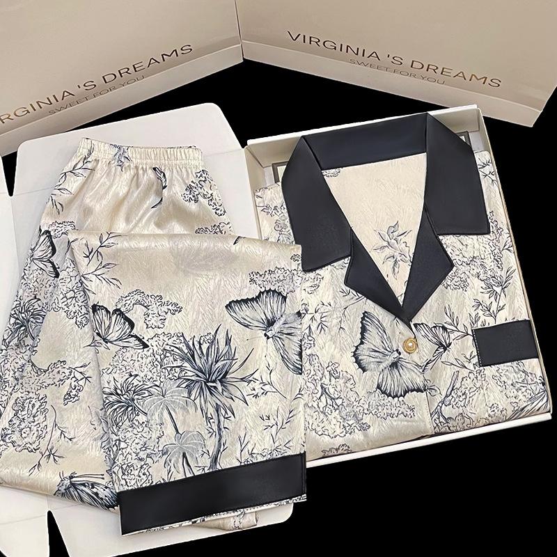 Retro Inkoustová Malba Pyžamo Dámské Jarní/Letní Krátký Rukáv a Dlouhé Kalhoty Saténové Hedvábné Domácí Oblečení Luxusní Módní Pyžamo