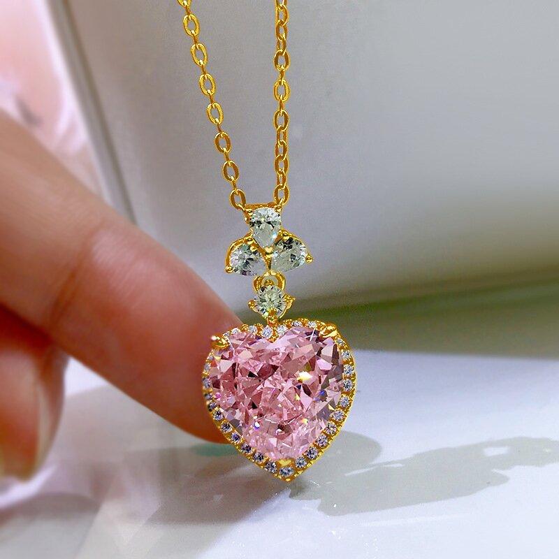 1 Pcs Women Fashion Accessories Inlaid Pink Glass Copper Pendant Necklace Hundreds of Light Luxury Style Jewelry