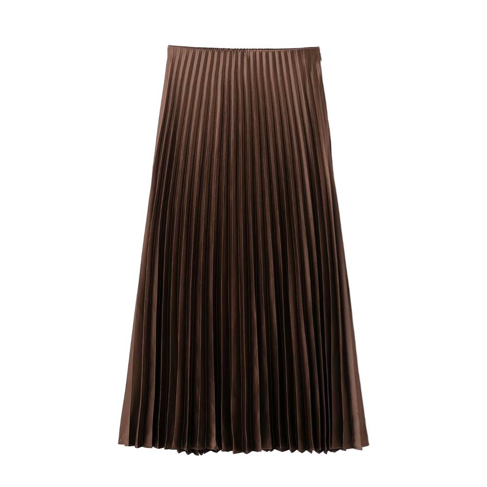Spring 2025 Women's Slimming High-Waisted Silk Satin Pleated Midi Skirt