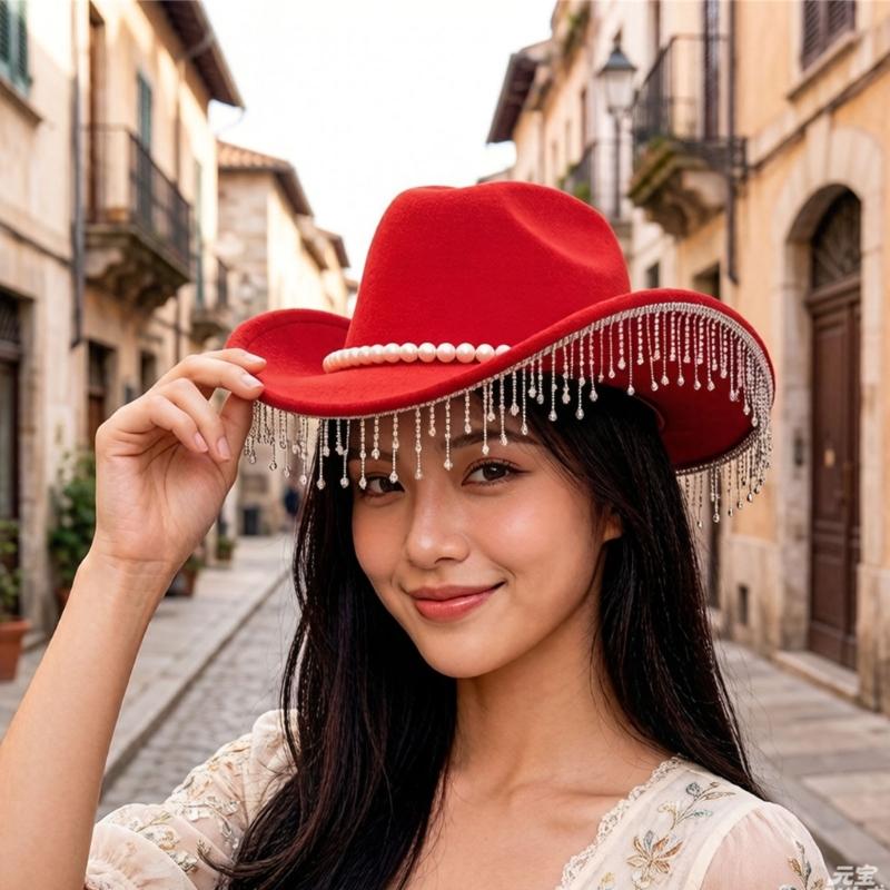 Sparkling Rhinestones Belt Western Cowboy Hats In Comfortable Woolen For Music Festivals And Outdoor Adventures