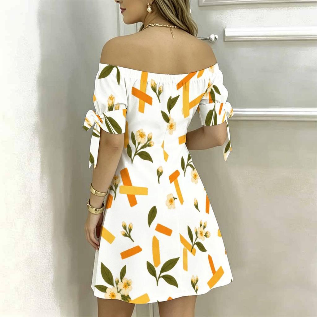 Women Plus Size White Off Shoulder Short Sleeve Floral Printed A Line Dress With Tie Cuff