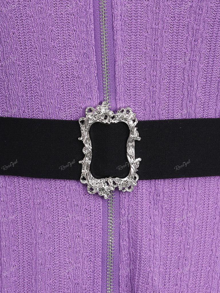 Rosegal Übergröße Umlegekragen Pelzbesatz Durchgehender Reißverschluss Strukturierter Gürtel mit quadratischer Schnalle Langärmliges Strickoberteil