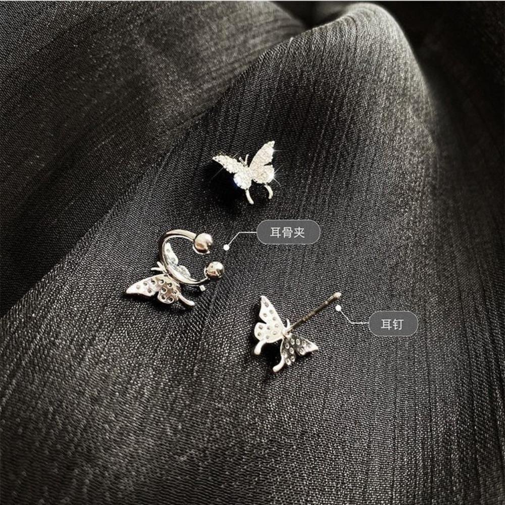 Koreanisches Temperament Glänzend Eingelegt Zirkon Schmetterling Piercing Stecker Ohrringe Ohne Ohrlöcher Ohrklemme für Damen Süßer Romantischer Schmuck