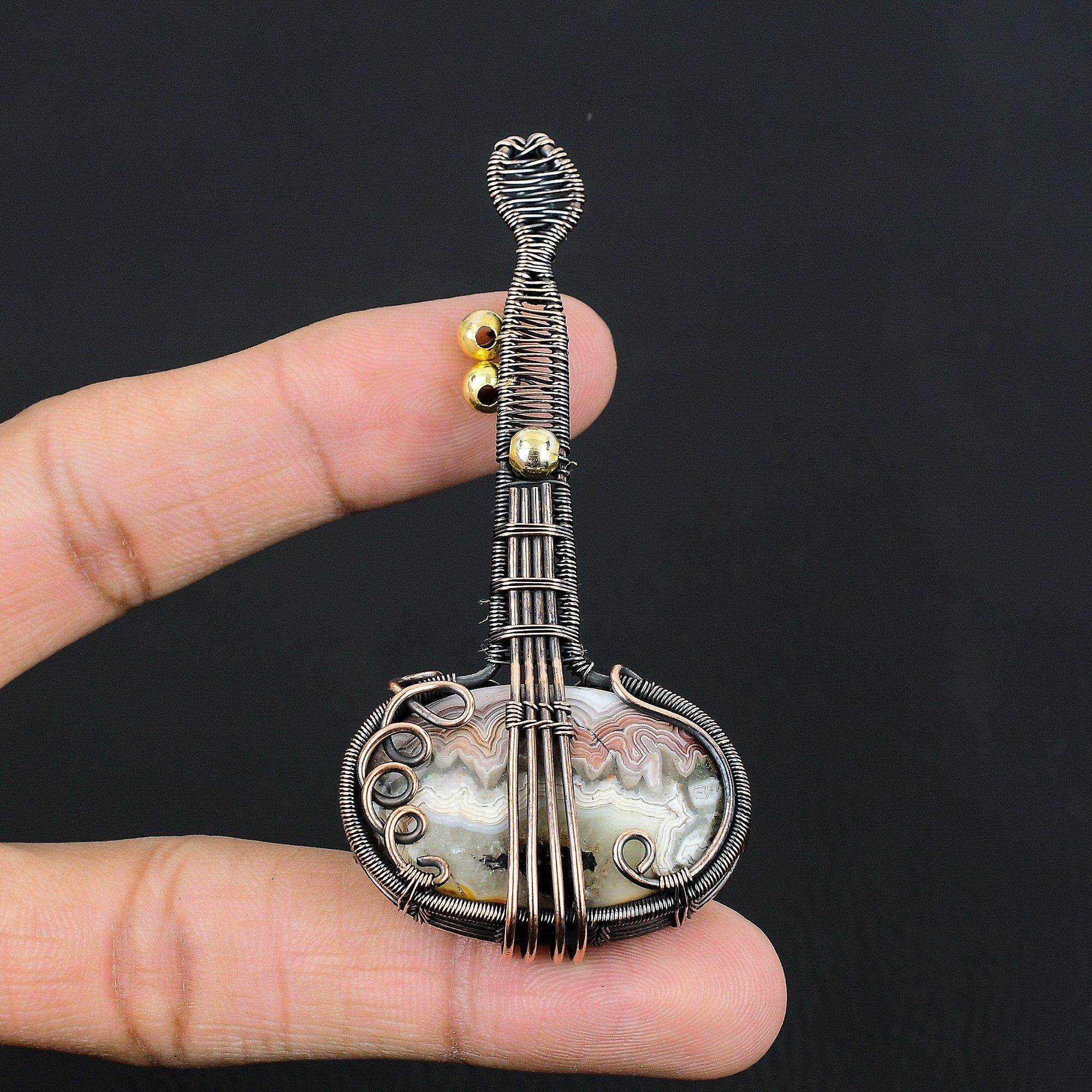 

Crazy Lace Agate Pendant, Handmade Gemstone 999 Copper Wire Wrapped Pendant Antique Jewelry, For Gift Silver Jewelry 2.55 Inches