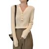 Spring and Autumn Hong Kong Flavor Retro Top V-neck Chic Button Niche Design Sense Pit Strip Bottoming Knitted Sweater Long Sleeve Simple