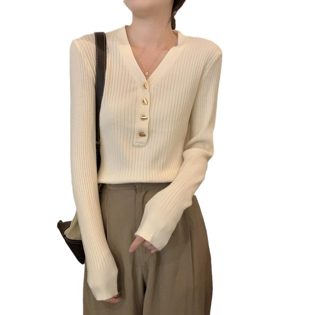 Spring and Autumn Hong Kong Flavor Retro Top V-neck Chic Button Niche Design Sense Pit Strip Bottoming Knitted Sweater Long Sleeve Simple