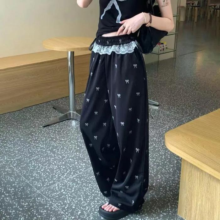 Women s Bow Print Wide-Leg Lace-Up Trousers - Spring/Summer Korean Style with Lace Trim 2XL чёрный