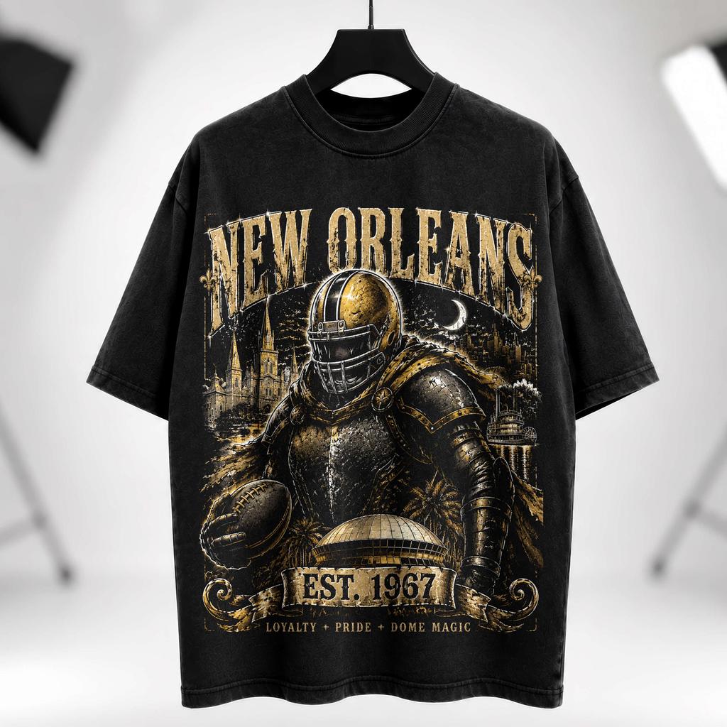 Vintage New Orleans Football Shirt, Black Gold Knight Graphic Tee, Americana Streetwear, Washed Black Oversized T Shirt Crewneck Hoodie Gift