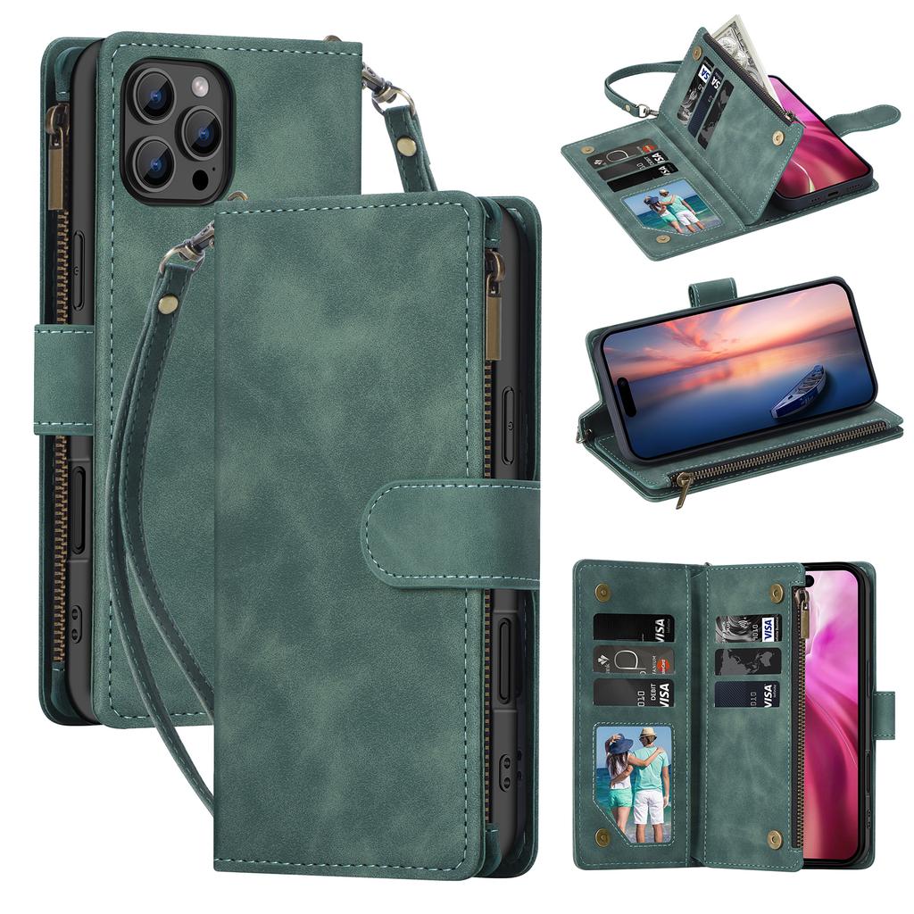 For iPhone 16 Pro Max Case Zipper Multi-Pocket Wallet Leather Phone Cover with Shoulder and Wrist Straps