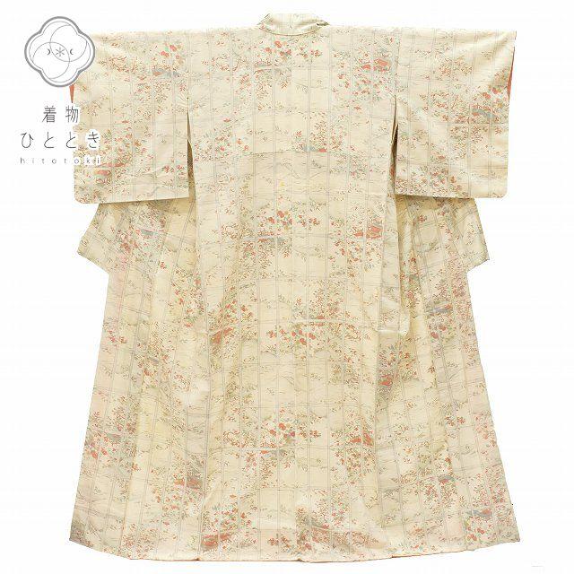 

[Used] Recycled Kimono, Length 156.8cm, Sleeve Length 64cm, Pure Cotton, Pure Silk, Finished Tsumugi, M, White, Landscape Pattern, Special Item