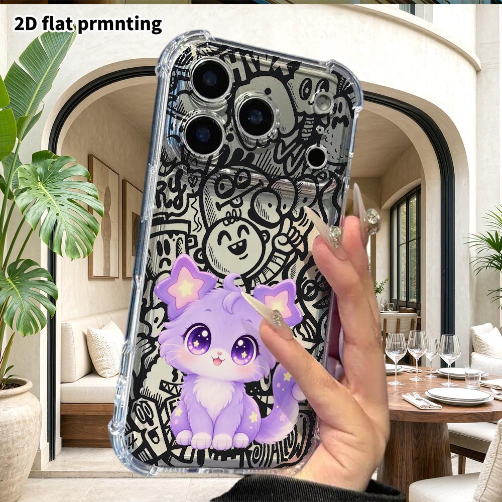 Phone Case: 2D Flat Suitable for iPhone 18 17 16 15 14 13 Pro, Transparent Four Corner Protective Case, Star Eared Kitten, Christmas and Halloween Gif
