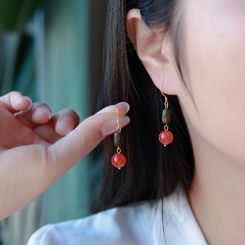HD Agarwood & Red Agate Earrings: Niche Light Luxury, Ancient Style, Elegant Temperament, Long Design