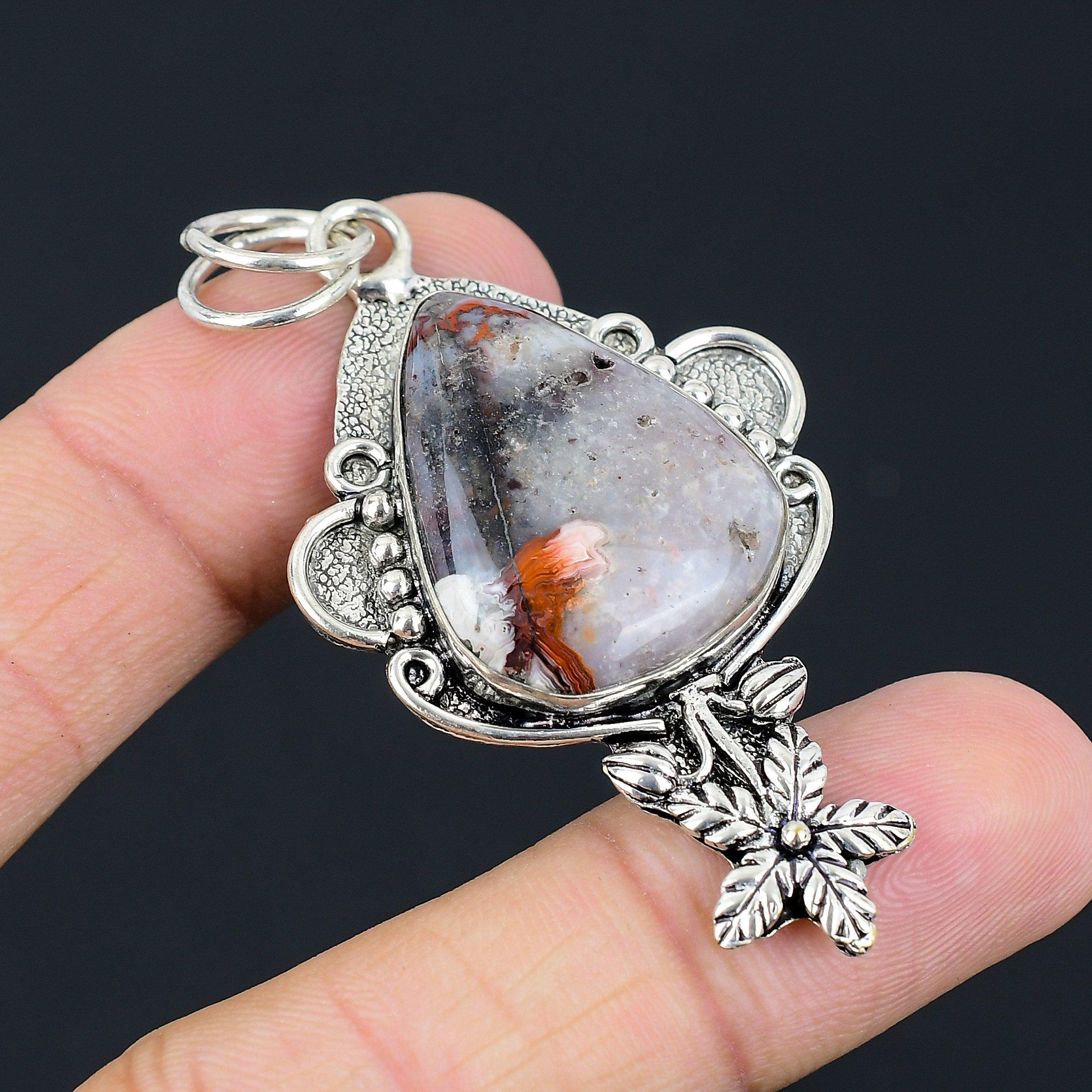 Birthday Gift For Her Natural Rainbow Jasper Gemstone Pendant Flower 925 Silver