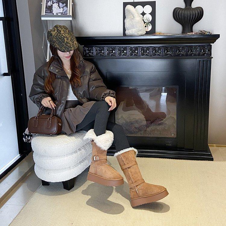 Northeast Snow Boots Women's Winter 2025 New Plush Thickened Plush Cotton Shoes One-word Buckle with Platform Boots