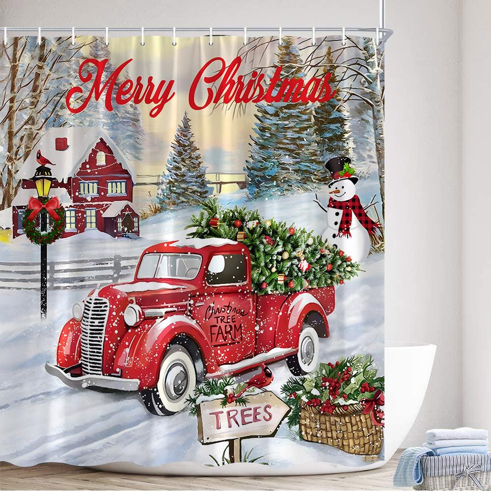 GAERed Santa Claus Christmas Shower Curtain White Snowflake Xmas Tree Gift New Year Home Bathroom Decor Bath Curtains With Hoo