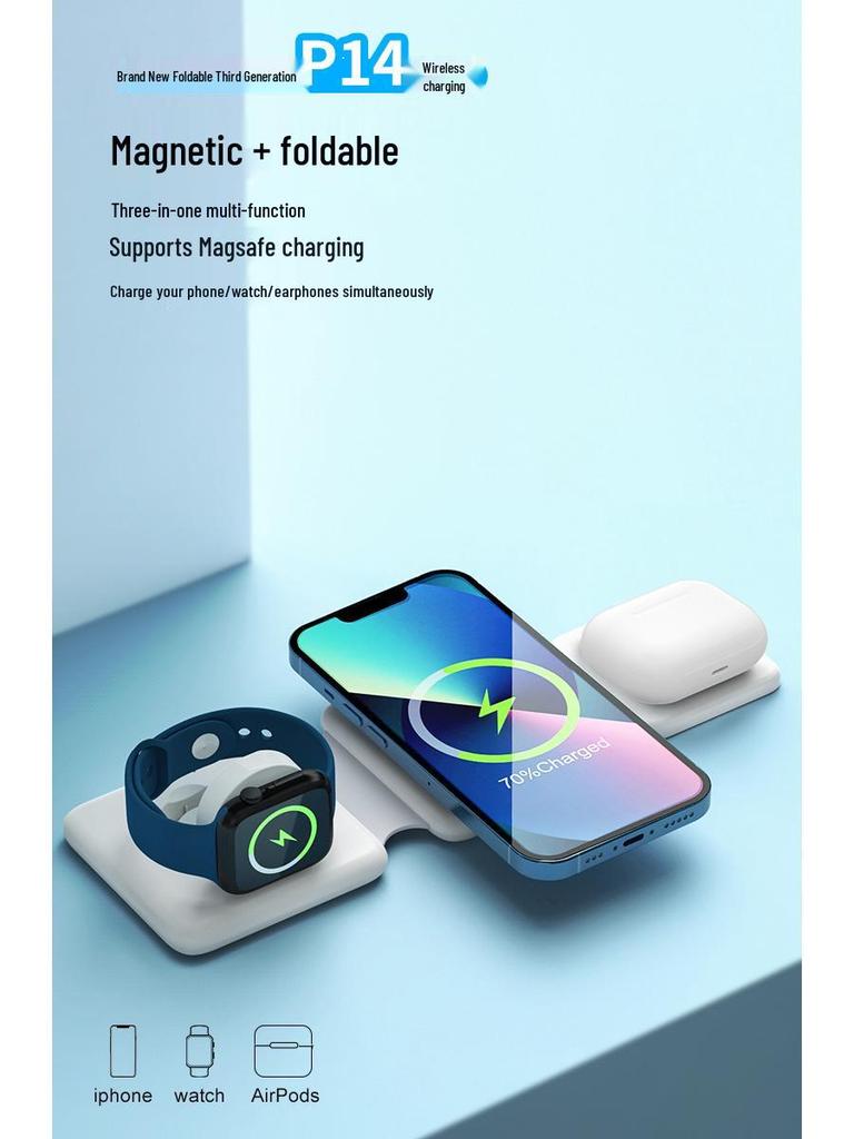15W Folding Magnetic Travel Wireless Charger: Portable Multifunctional 3-in-1 Phone Charger