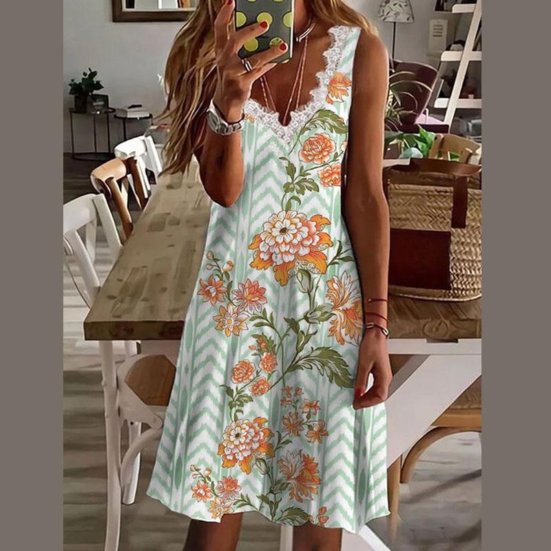 Women Summer Casual Sleeveless Lacework V Neck Printed Knee Length One Piece Dress