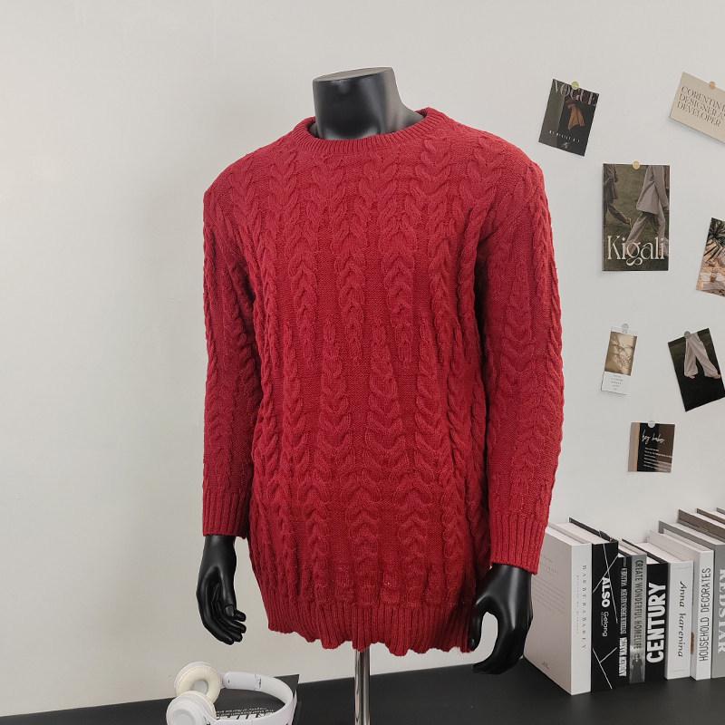 Plus Size Red Cable Knit Pullover for Men – Autumn/Winter Loose Fit Trendy Knitwear L