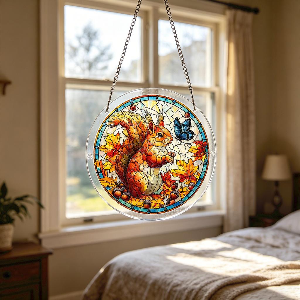 Acrylic Suncatcher Window Hanging Decoration 2D Round Shape with Leaf Pattern Stained Glass Style Home Ornament