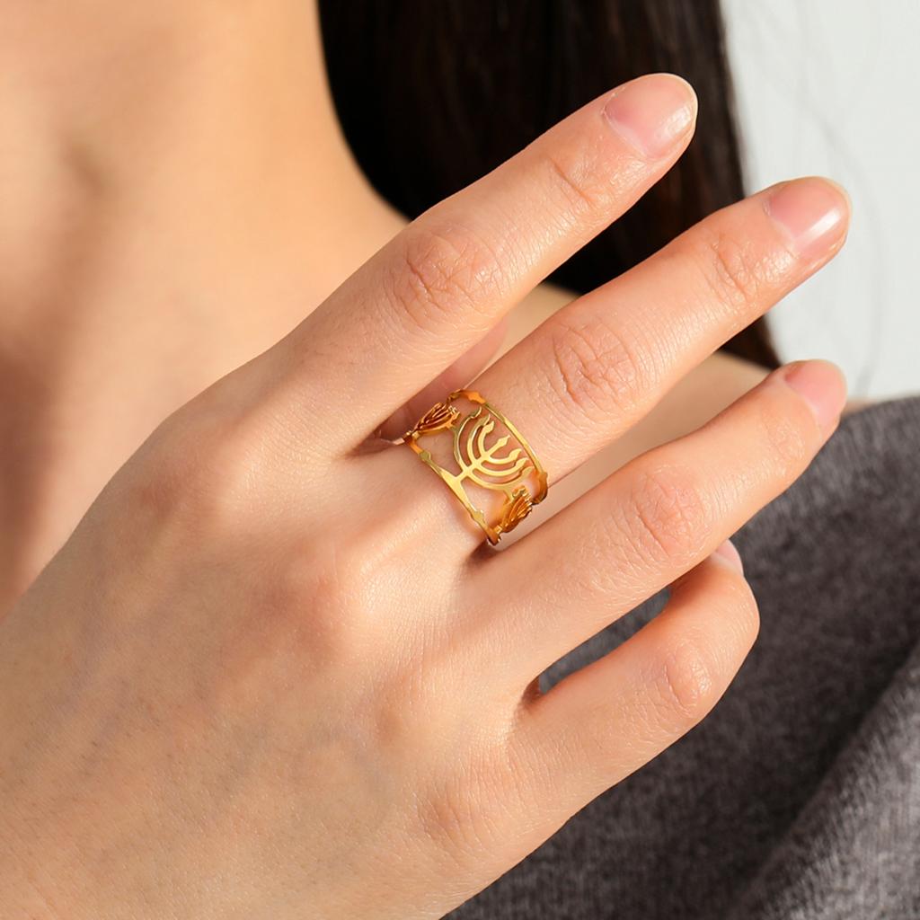LIKGREAT Menorah Ring Women Adjustable Stainless Steel Wedding Band for Men Religious Je Jerusalem Ring Hanukah Jewelry Gift
