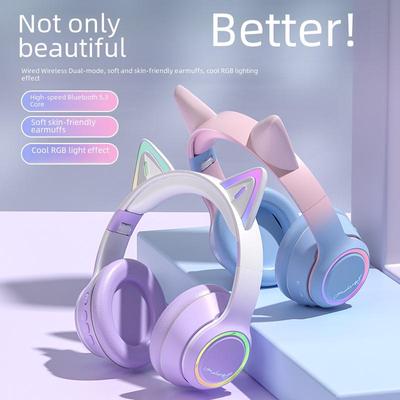 Trendy Gradient Cat Ear Headphones with Wireless Bluetooth and Deep Bass
