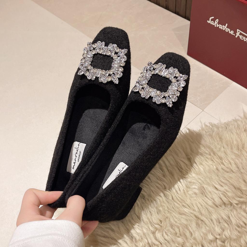 Xiaoxiangfeng thick heel square head rhinestone high-end single shoes women's shoes 2025 spring new high heels temperament commuter shoes
