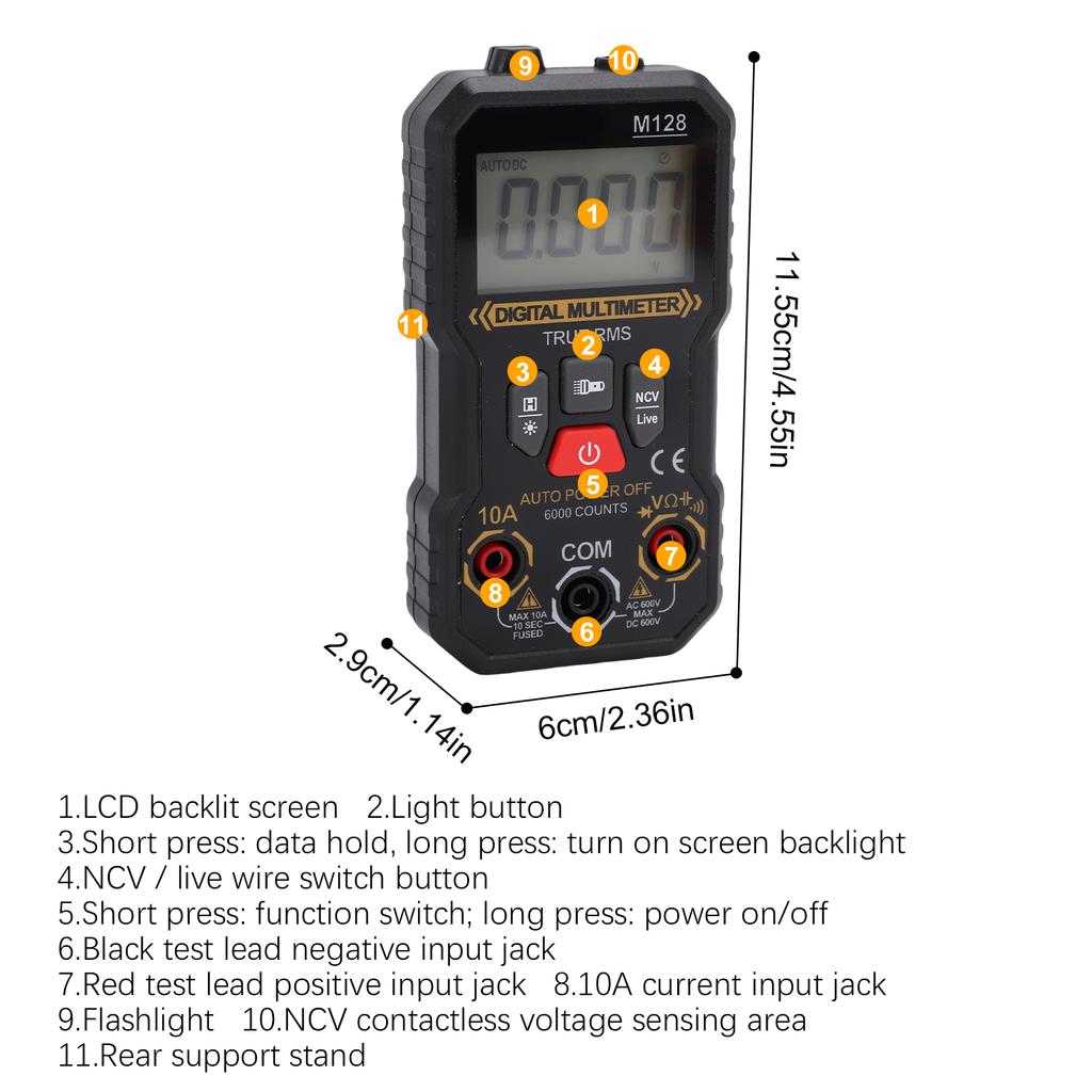 Digital Multimeter, 6000 Counts, AC DC Voltage Tester With NCV, Data Hold, Auto Shut Off, Measures Current,