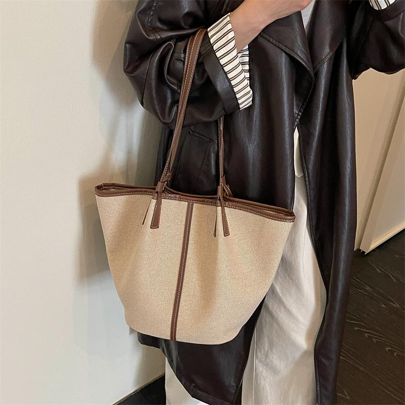 Canvas-Tragetasche mit Kontrastbesatz und langen Trägern, lässige Alltags-Einkaufstasche für Damen, für den täglichen Gebrauch