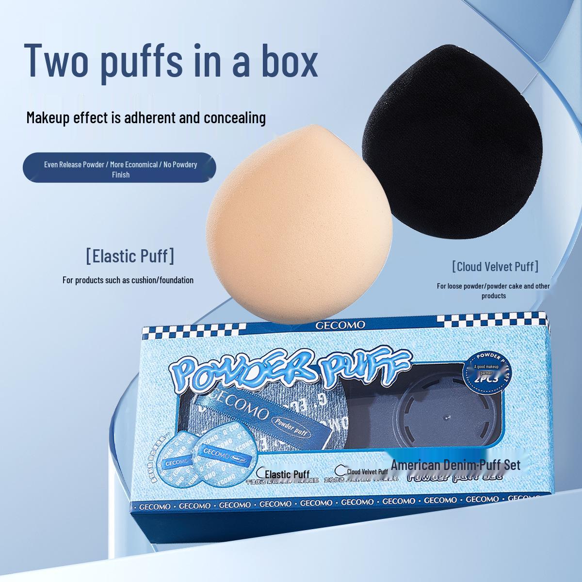 GECOMO American-Style Denim Dual-Use Powder Puff Set - Soft, Elastic, Skin-Friendly for Wet and Dry Use, Non-Absorbent Sponge