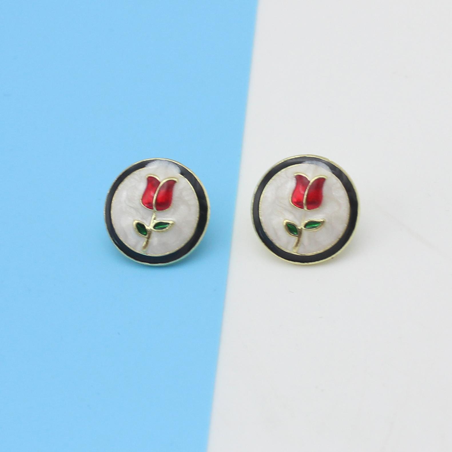 White Glaze Rose Flower Geometric Round Stud Earring for Women Retro Temperament Cute Zircon Brincos Gift