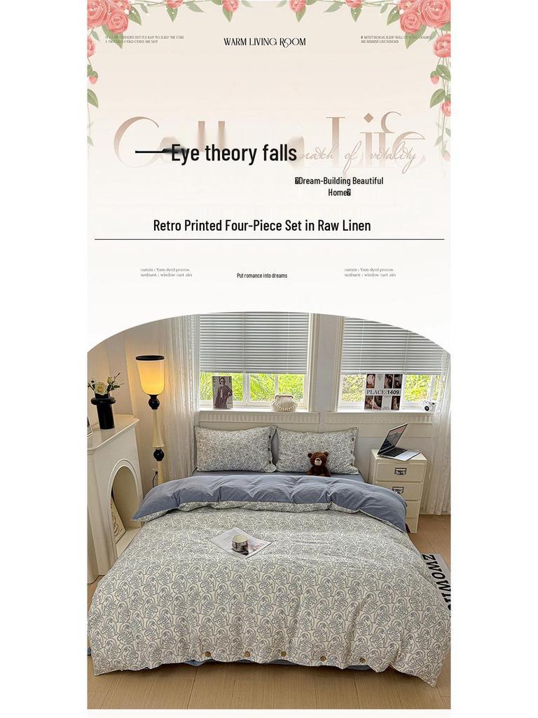 Retro Floral Linen Bedding Set: Autumn & Winter 4-Piece with Button Duvet Cover & Sheet