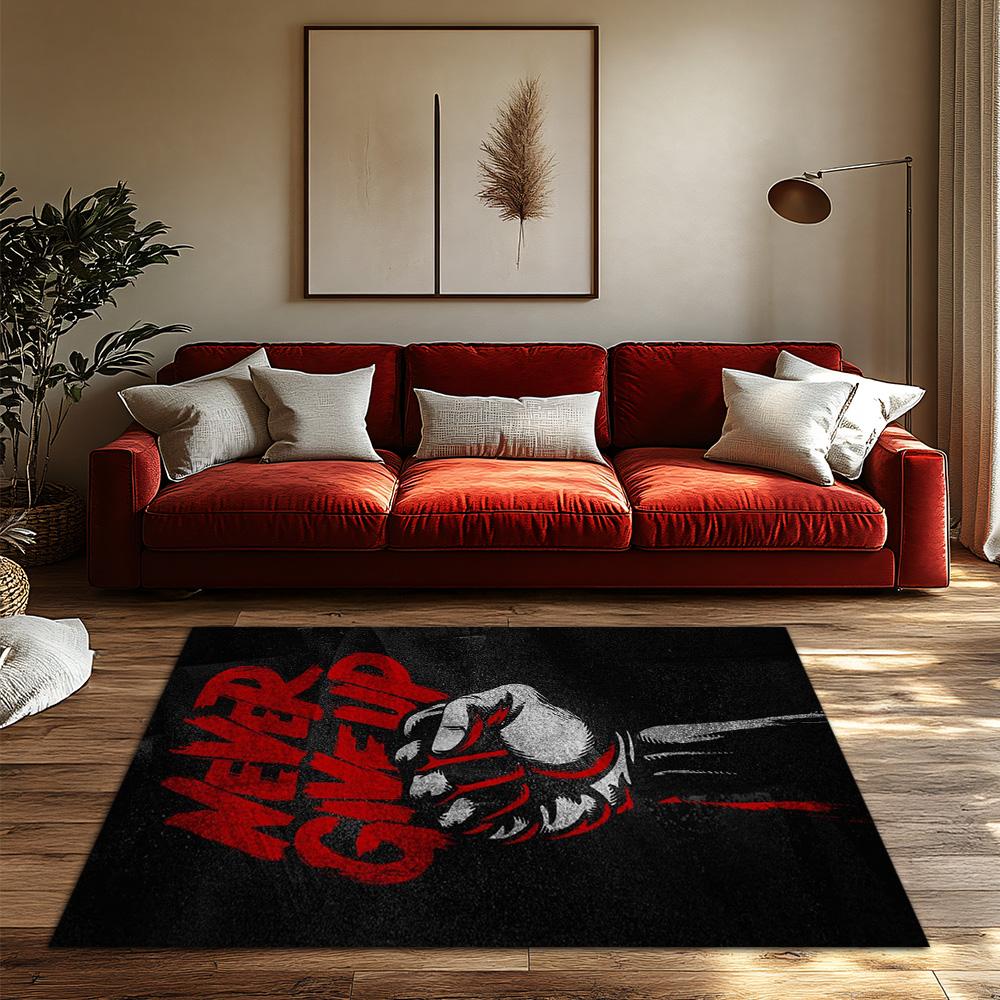 NEVER GIVE UP Motivational Rug, Red Fist Black Carpet for Living Room, Soft Non-Slip Sofa Mat with Inspirational Decor