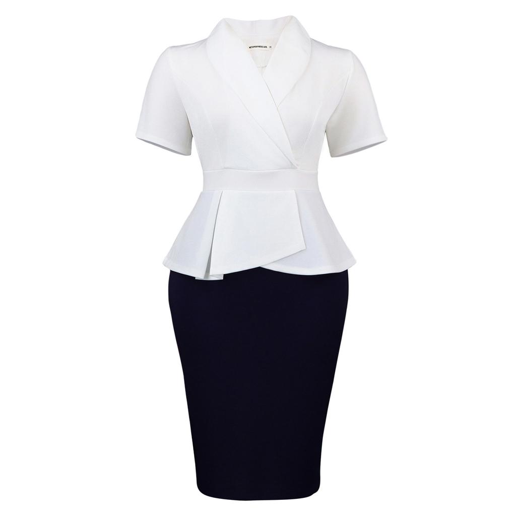 Übergröße Damen Kurzarm Rüschen Farbblock Hoher Bund Bodycon Midi Kleid
